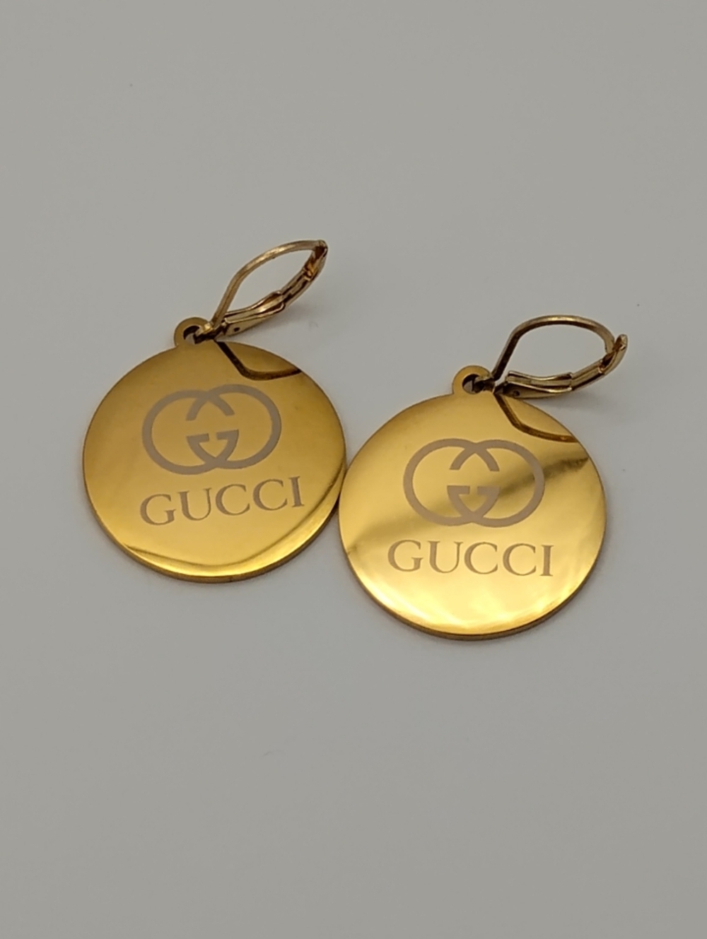 Gucci Gold Round White Logo Drop Earrings AUTHENTIC - Picture 5 of 6